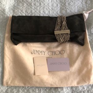 COPY - JIMMY CHOO CHANDRA dark gray SUEDE CRYSTAL ACCENTED CHAIN CLUTCH.